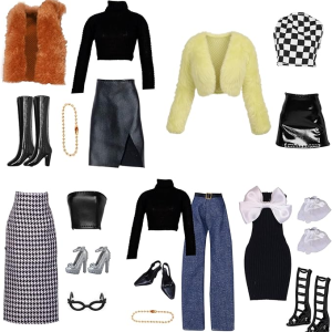 17 Pcs Doll Clothes for 11.5 inch Doll Include 1 Plush Vest Set 1 Leather Plunge Dress Set 1 Fashion Set 1 Plush Coat with Short Dress Set 1 Bow Tie Dress Set 4 Accessories 7 Pair of Shoes in Random